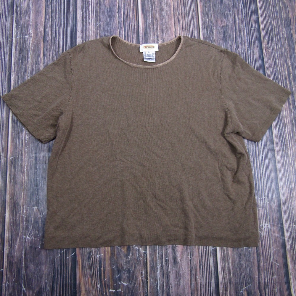 Talbots Ribbed Knit Top Women XL Brown Short Sleeve Cotton Crew Neck Granny